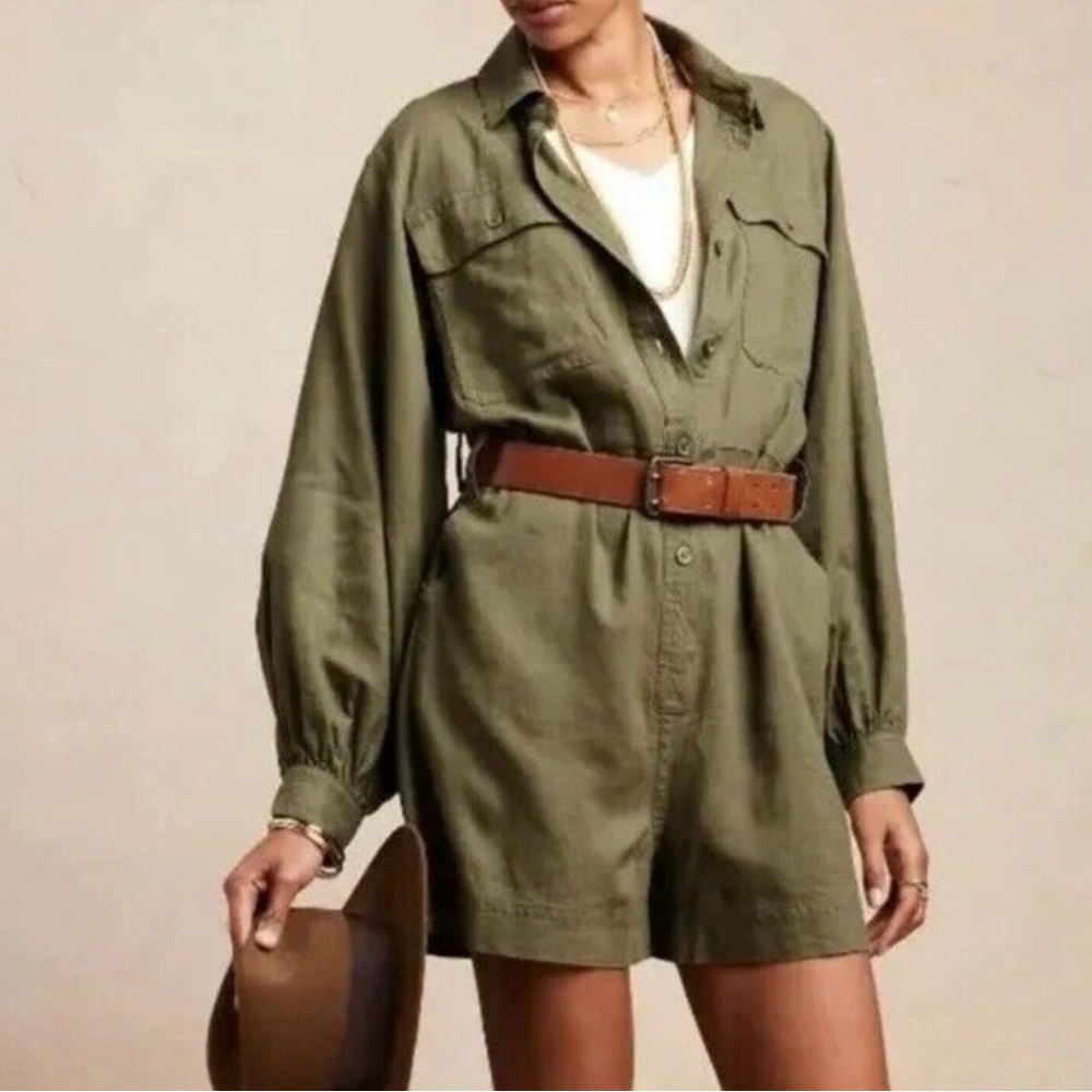 Banana Republic Linen Romper Large Womens Green Balloon Sleeve Safari Bohemian